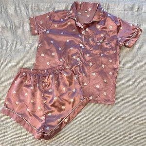 Pink Hearts Satin Shortie Pajamas small